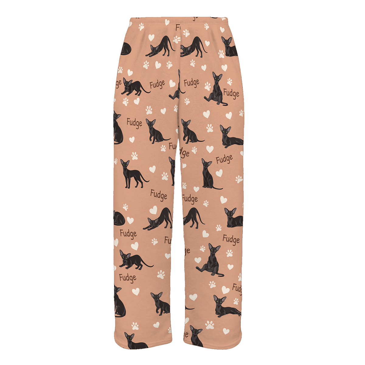 Personalized Oriental Cat Pajama Pants, Custom Pet Name Fleece Trousers, Cat Lover Gift — Peach full-trouser mockup