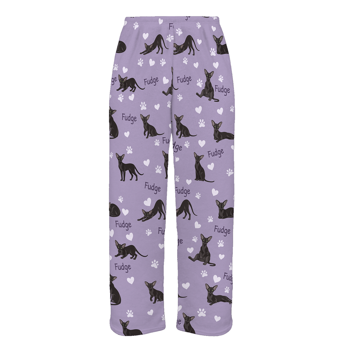 Personalized Oriental Cat Pajama Pants, Custom Pet Name Fleece Trousers, Cat Lover Gift — Soft Lavender full-trouser mockup
