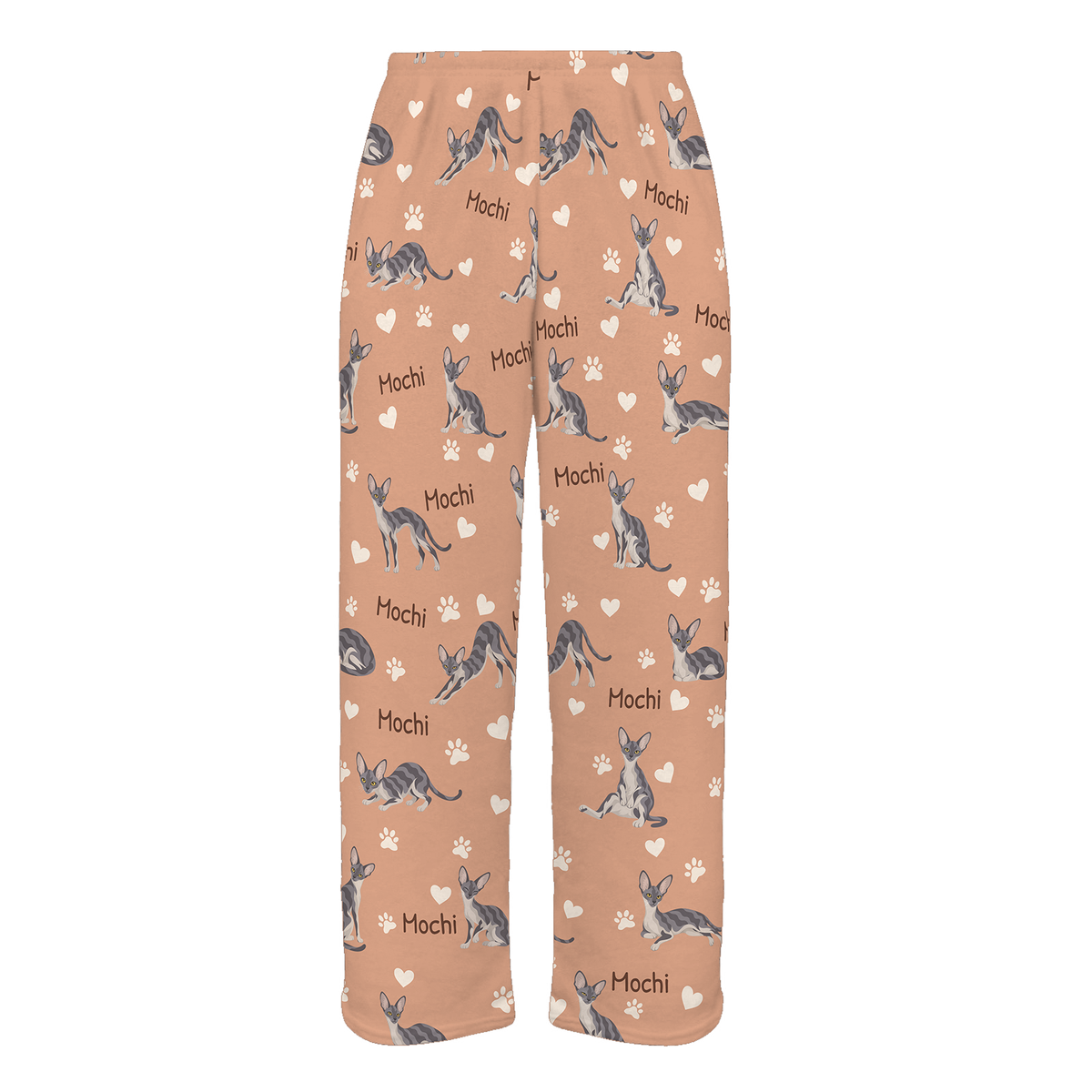 Personalized Cornish Rex Cat Pajama Pants, Custom Pet Name Fleece Trousers, Cat Lover Gift — Peach full-trouser mockup