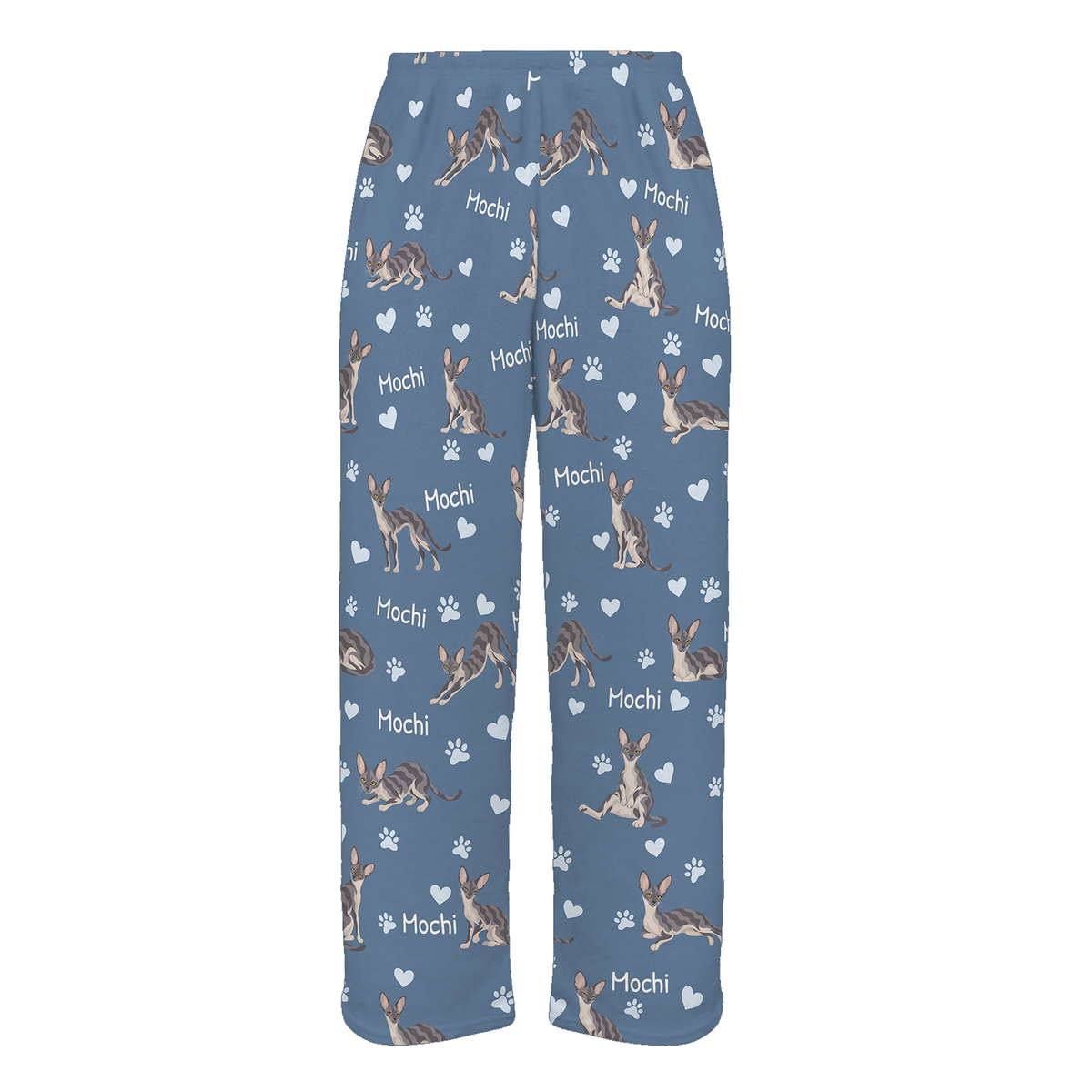 Personalized Cornish Rex Cat Pajama Pants, Custom Pet Name Fleece Trousers, Cat Lover Gift — Slate Blue full-trouser mockup