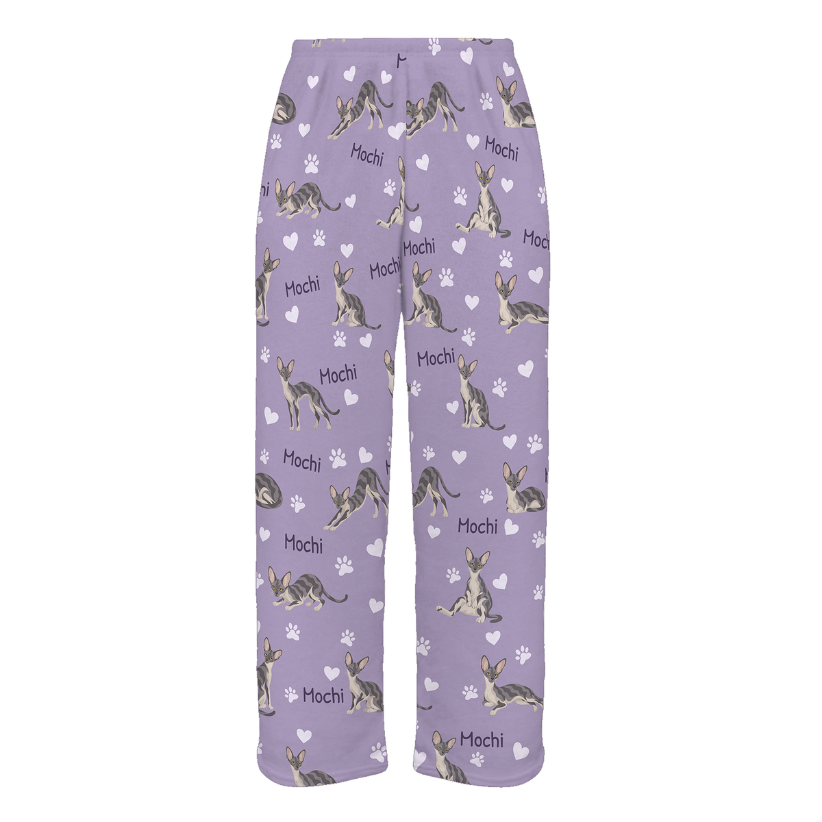 Personalized Cornish Rex Cat Pajama Pants, Custom Pet Name Fleece Trousers, Cat Lover Gift — Soft Lavender full-trouser mockup