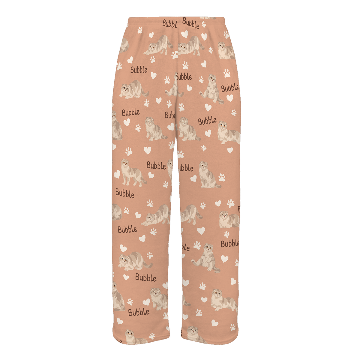 Personalized Scottish Fold Cat Pajama Pants, Custom Pet Name Fleece Trousers, Cat Lover Gift — Peach full-trouser mockup