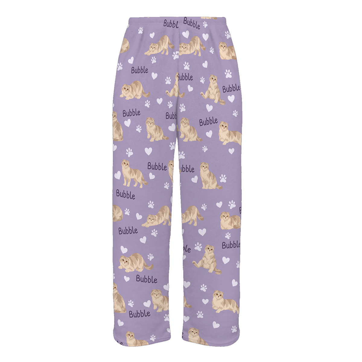 Personalized Scottish Fold Cat Pajama Pants, Custom Pet Name Fleece Trousers, Cat Lover Gift — Soft Lavender full-trouser mockup
