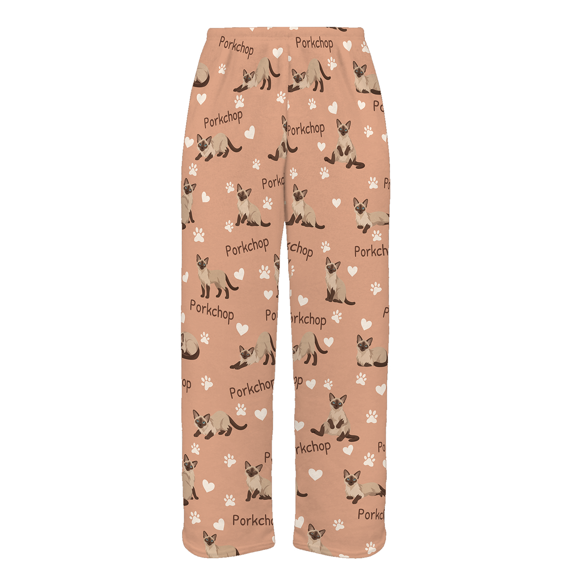 Personalized Tonkinese Cat Pajama Pants, Custom Pet Name Fleece Trousers, Cat Lover Gift — Peach full-trouser mockup