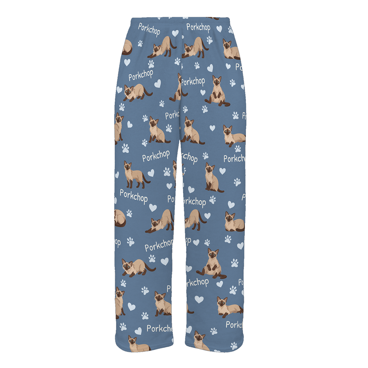 Personalized Tonkinese Cat Pajama Pants, Custom Pet Name Fleece Trousers, Cat Lover Gift — Slate Blue full-trouser mockup