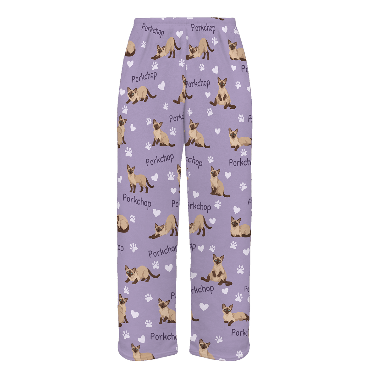 Personalized Tonkinese Cat Pajama Pants, Custom Pet Name Fleece Trousers, Cat Lover Gift — Soft Lavender full-trouser mockup