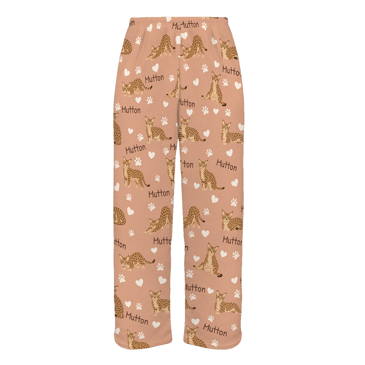 Personalized Ocicat Cat Pajama Pants, Custom Pet Name Fleece Trousers, Cat Lover Gift — Peach full-trouser mockup