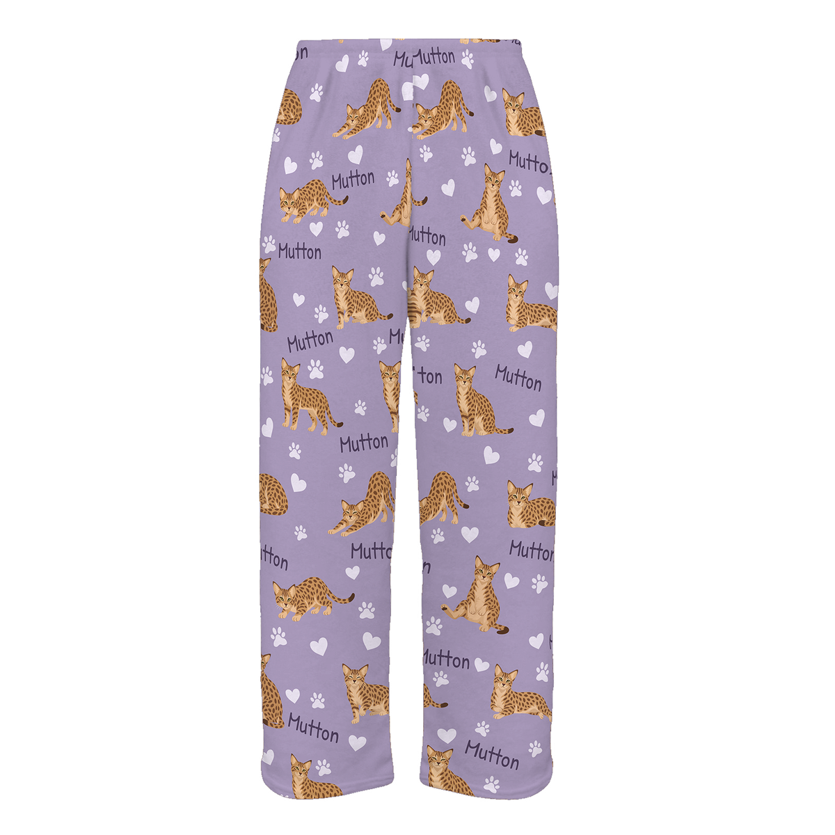 Personalized Ocicat Cat Pajama Pants, Custom Pet Name Fleece Trousers, Cat Lover Gift — Soft Lavender full-trouser mockup