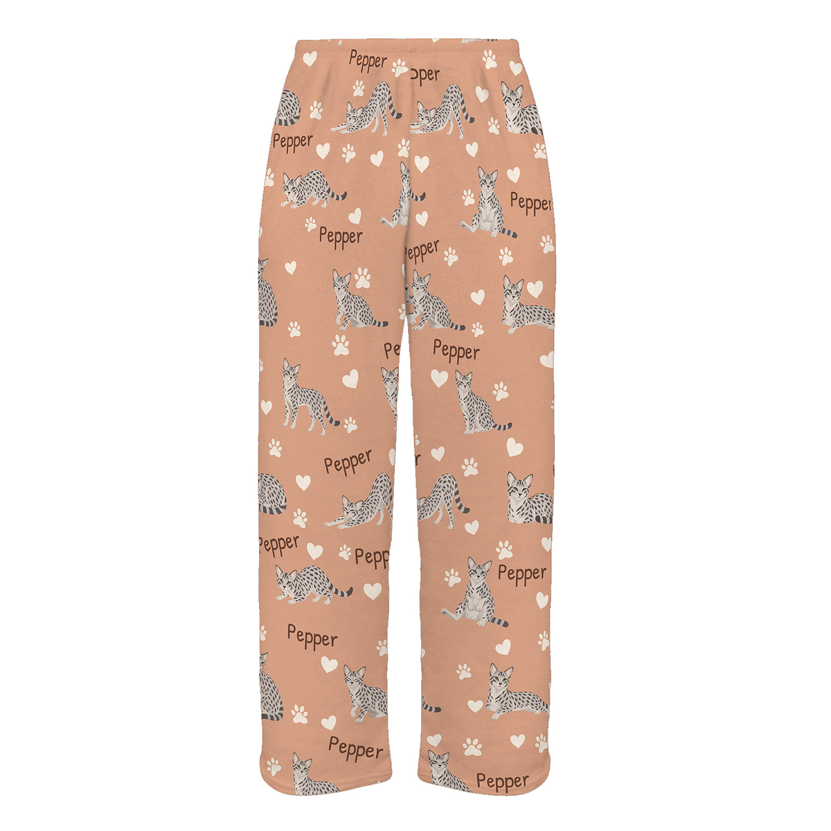 Personalized Egyptian Mau Cat Pajama Pants, Custom Pet Name Fleece Trousers, Cat Lover Gift — Peach full-trouser mockup