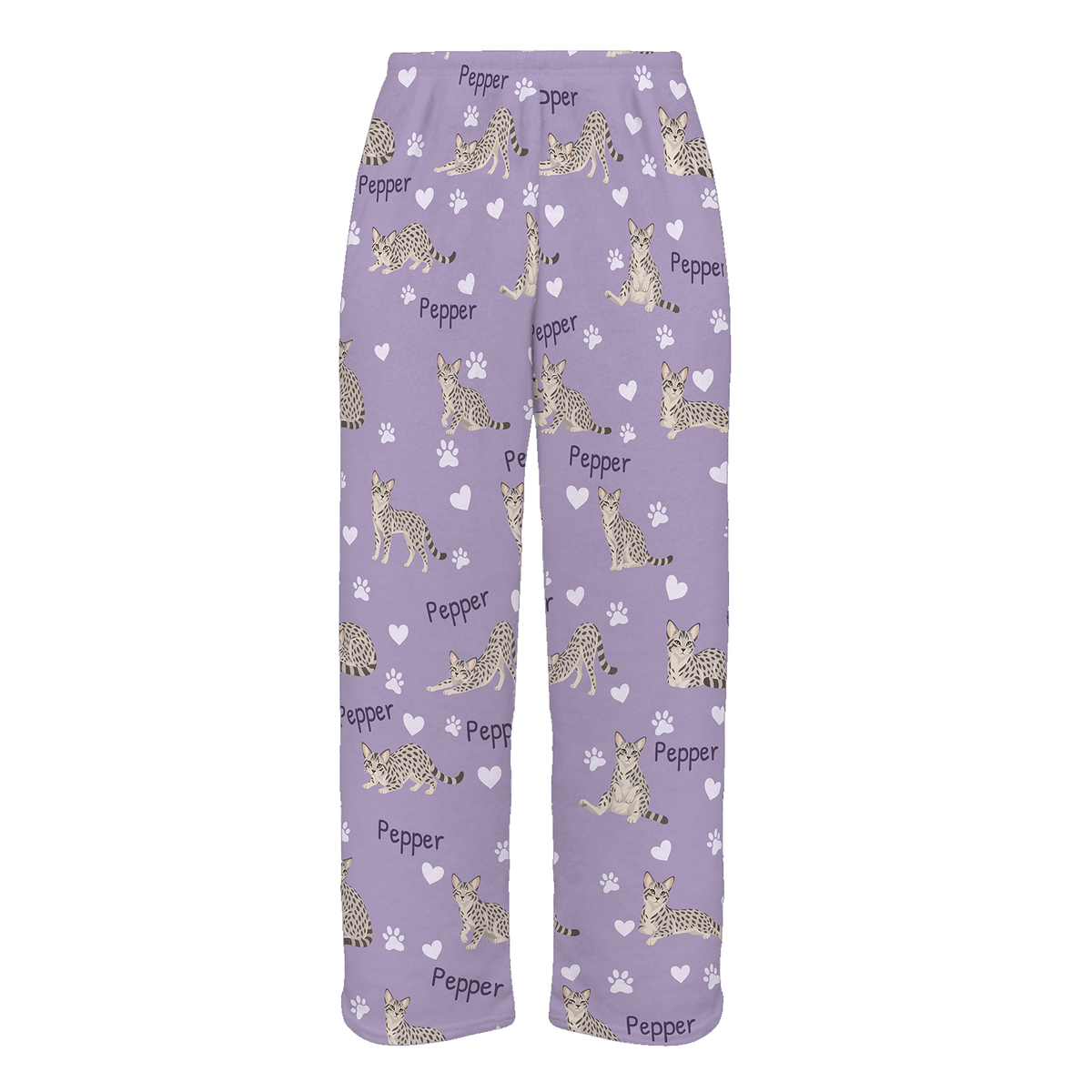 Personalized Egyptian Mau Cat Pajama Pants, Custom Pet Name Fleece Trousers, Cat Lover Gift — Soft Lavender full-trouser mockup