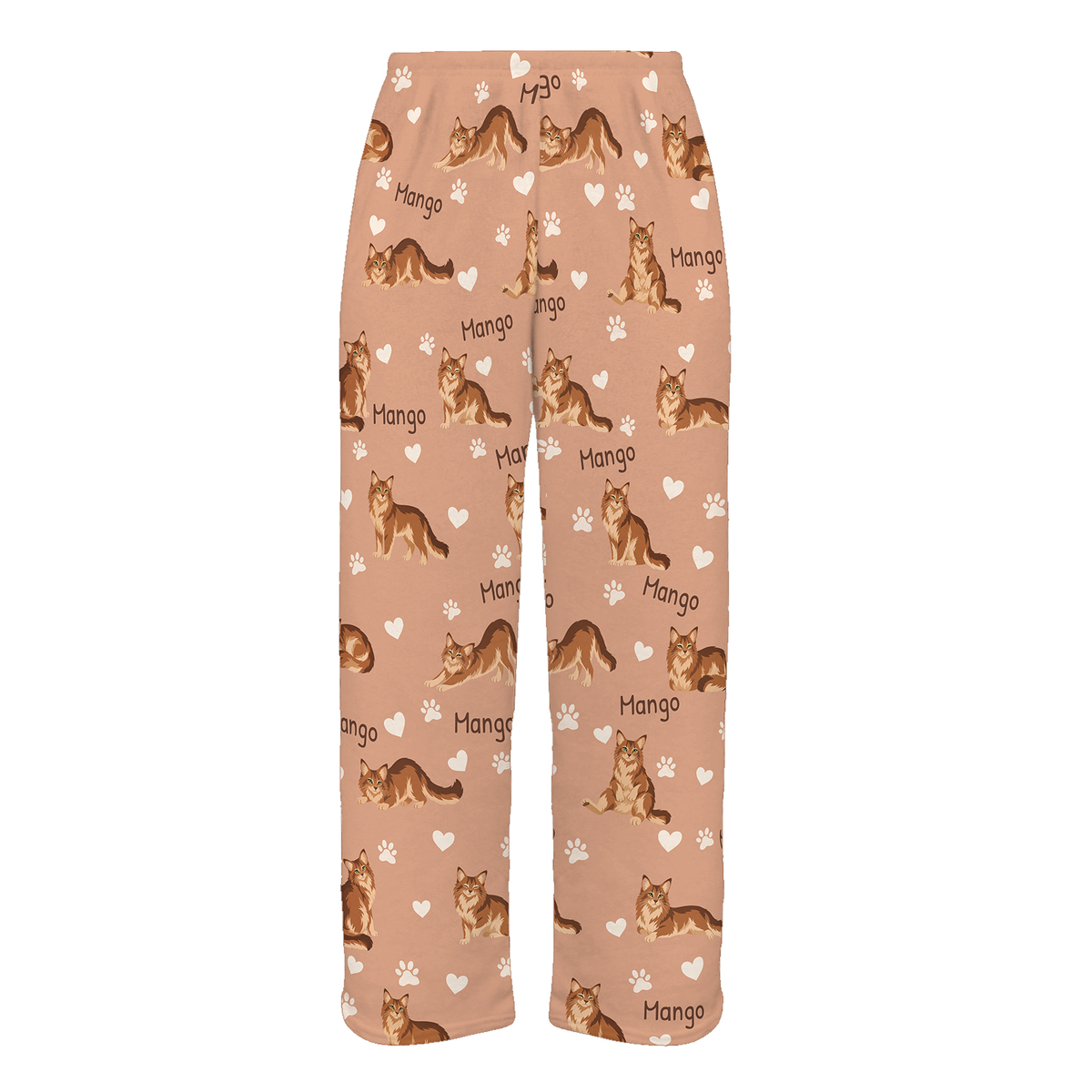 Personalized Somali Cat Pajama Pants, Custom Pet Name Fleece Trousers, Cat Lover Gift — Peach full-trouser mockup