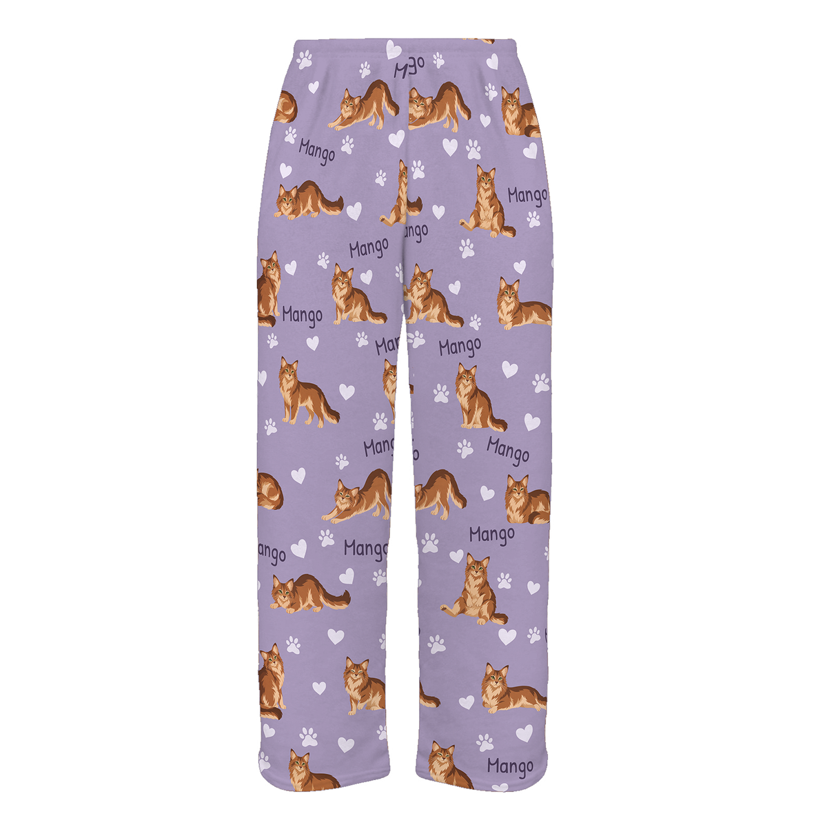 Personalized Somali Cat Pajama Pants, Custom Pet Name Fleece Trousers, Cat Lover Gift — Soft Lavender full-trouser mockup