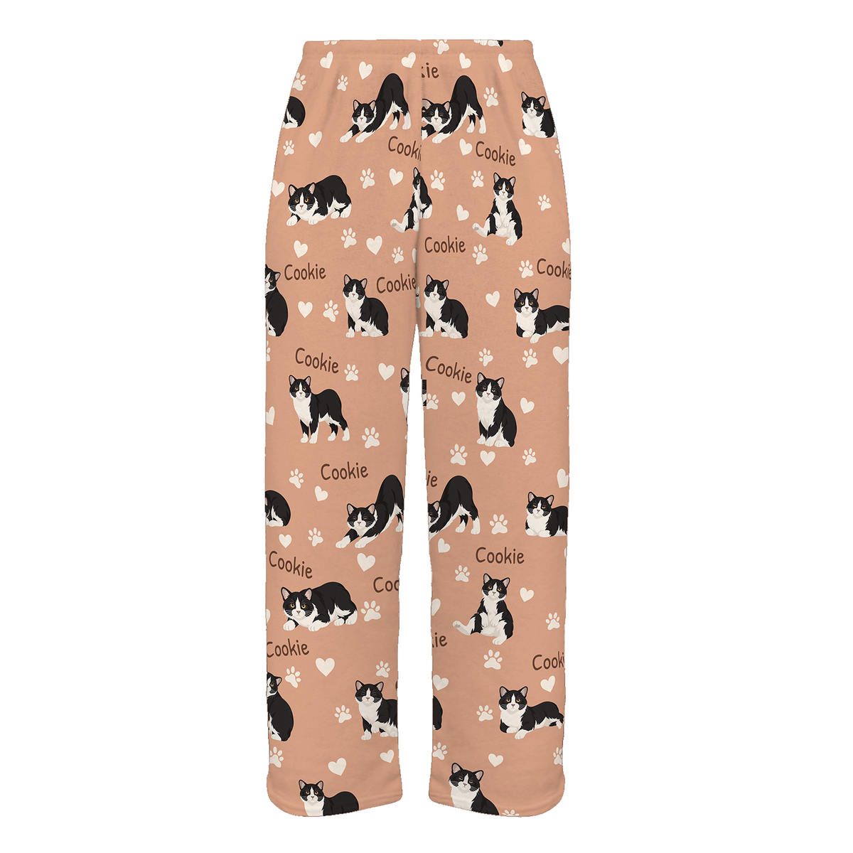 Personalized Manx Cat Pajama Pants, Custom Pet Name Fleece Trousers, Cat Lover Gift — Peach full-trouser mockup