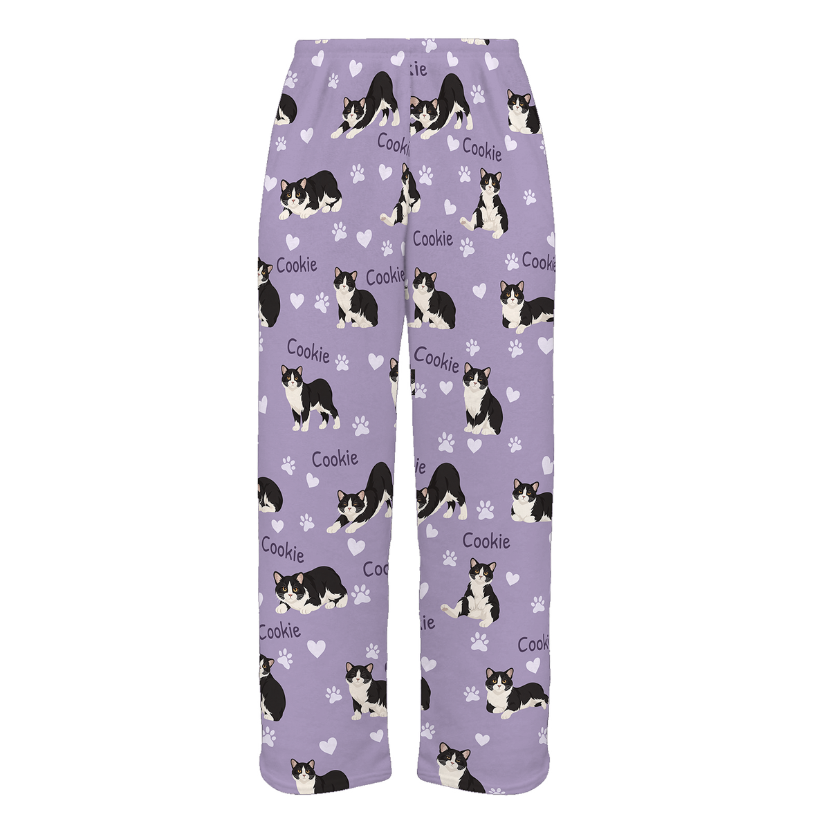 Personalized Manx Cat Pajama Pants, Custom Pet Name Fleece Trousers, Cat Lover Gift — Soft Lavender full-trouser mockup