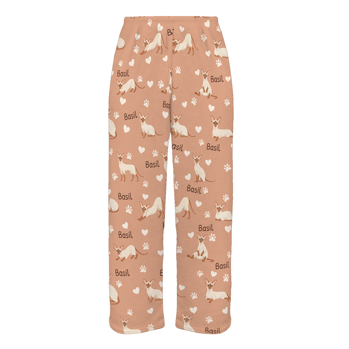Personalized Colorpoint Shorthair Cat Pajama Pants, Custom Pet Name Fleece Trousers, Cat Lover Gift — Peach full-trouser mockup