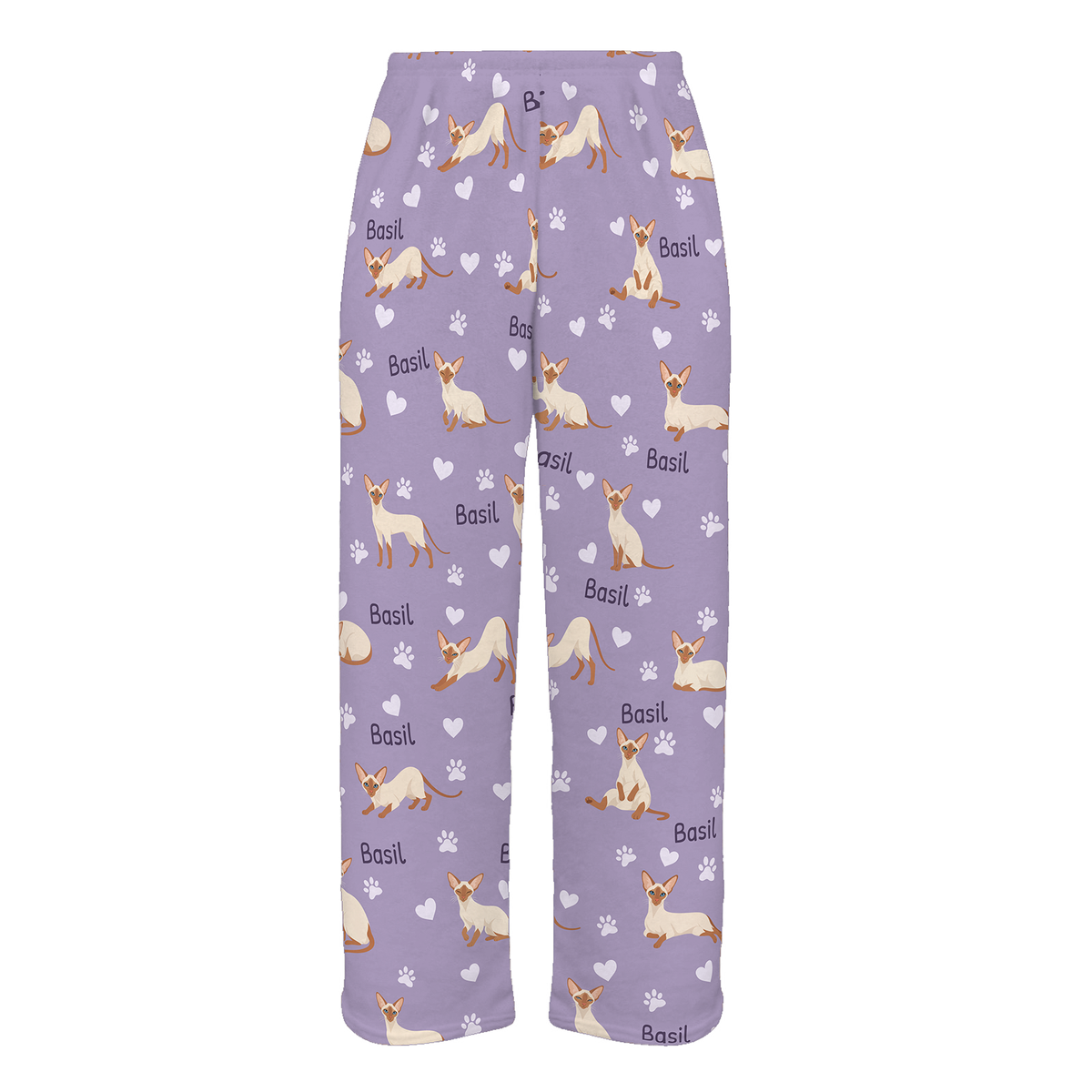Personalized Colorpoint Shorthair Cat Pajama Pants, Custom Pet Name Fleece Trousers, Cat Lover Gift — Soft Lavender full-trouser mockup
