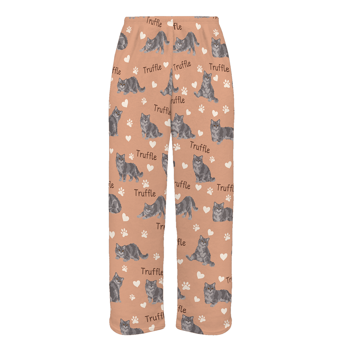 Personalized Selkirk Rex Cat Pajama Pants, Custom Pet Name Fleece Trousers, Cat Lover Gift — Peach full-trouser mockup
