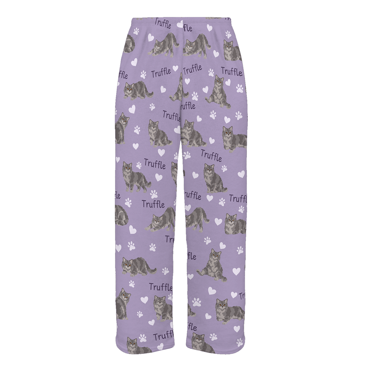 Personalized Selkirk Rex Cat Pajama Pants, Custom Pet Name Fleece Trousers, Cat Lover Gift — Soft Lavender full-trouser mockup