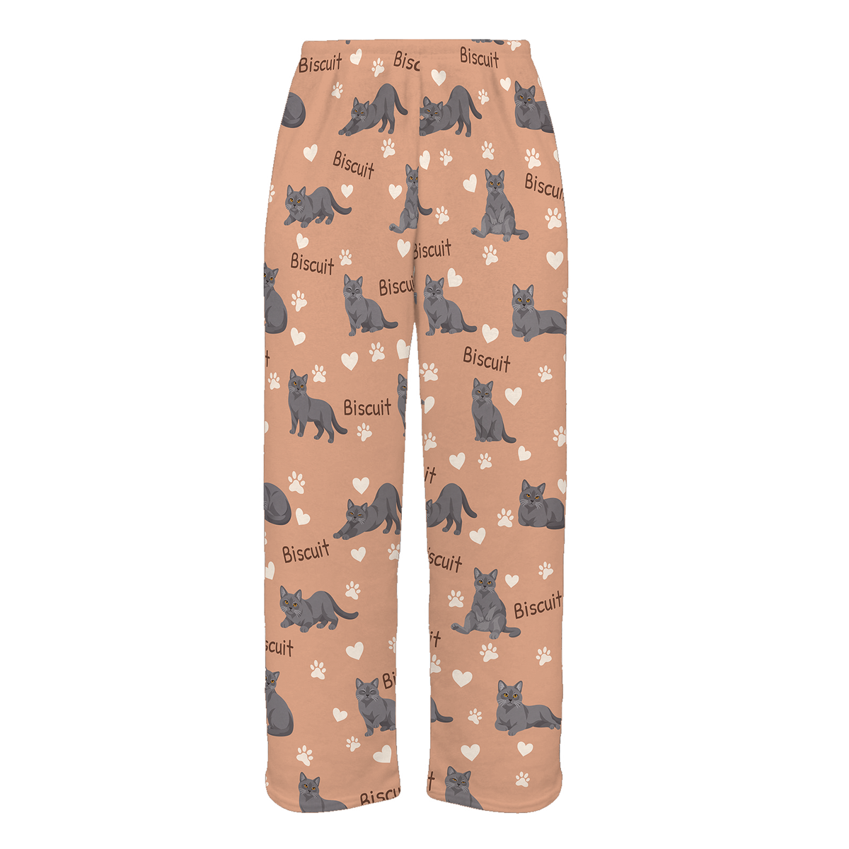 Personalized Chartreux Cat Pajama Pants, Custom Pet Name Fleece Trousers, Cat Lover Gift — Peach full-trouser mockup
