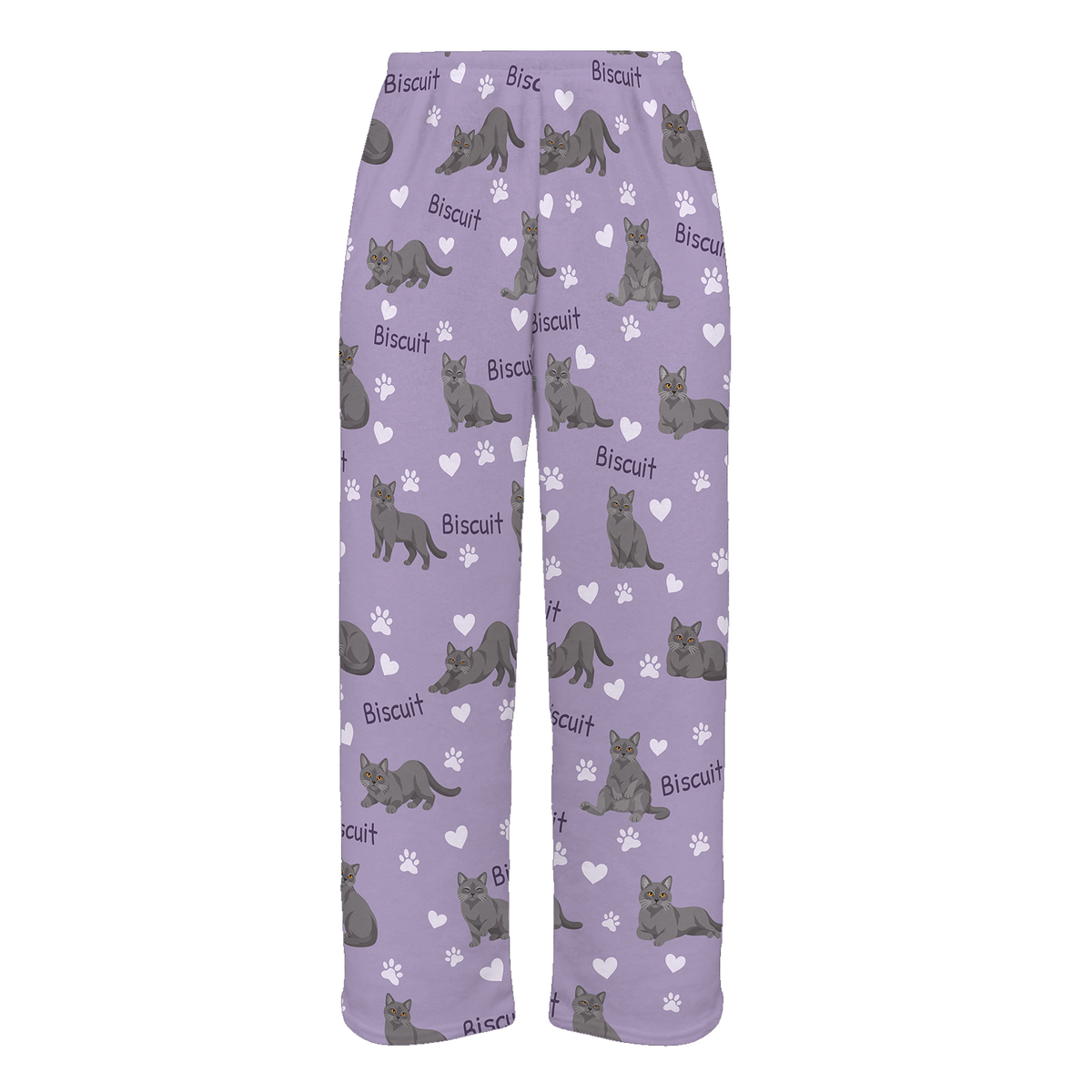 Personalized Chartreux Cat Pajama Pants, Custom Pet Name Fleece Trousers, Cat Lover Gift — Soft Lavender full-trouser mockup