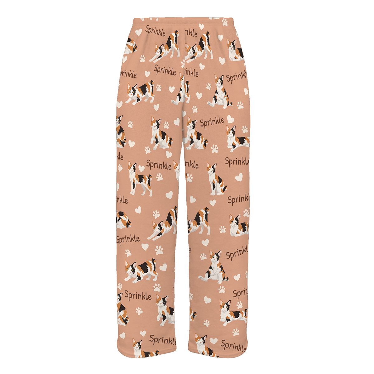Personalized Japanese Bobtail Cat Pajama Pants, Custom Pet Name Fleece Trousers, Cat Lover Gift — Peach full-trouser mockup