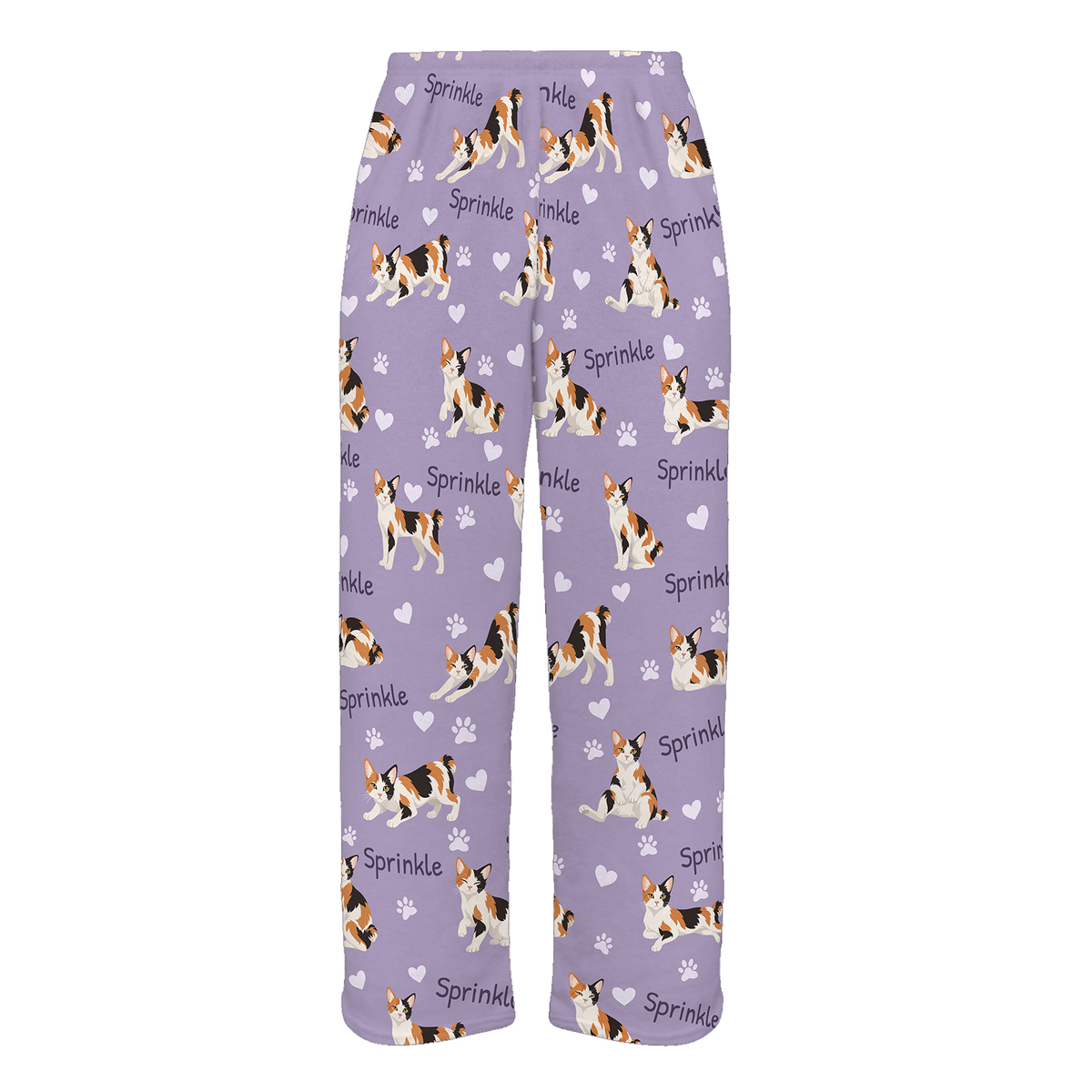 Personalized Japanese Bobtail Cat Pajama Pants, Custom Pet Name Fleece Trousers, Cat Lover Gift — Soft Lavender full-trouser mockup