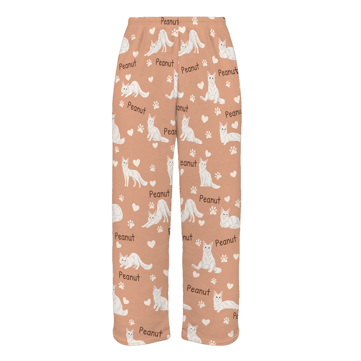 Personalized Turkish Angora Cat Pajama Pants, Custom Pet Name Fleece Trousers, Cat Lover Gift — Peach full-trouser mockup