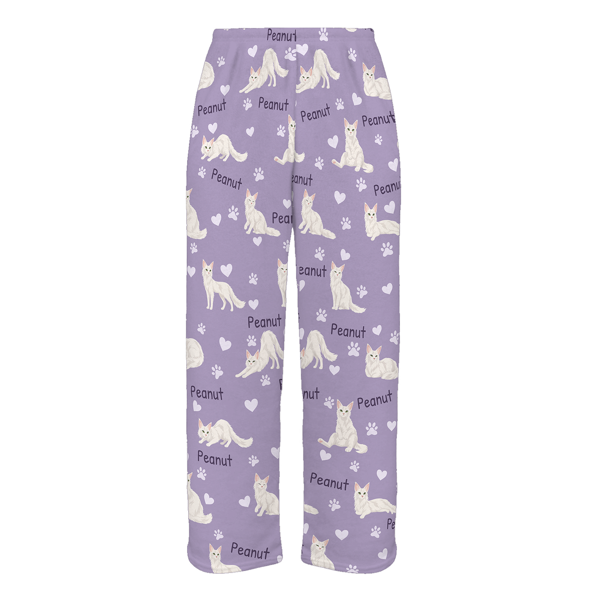 Personalized Turkish Angora Cat Pajama Pants, Custom Pet Name Fleece Trousers, Cat Lover Gift — Soft Lavender full-trouser mockup