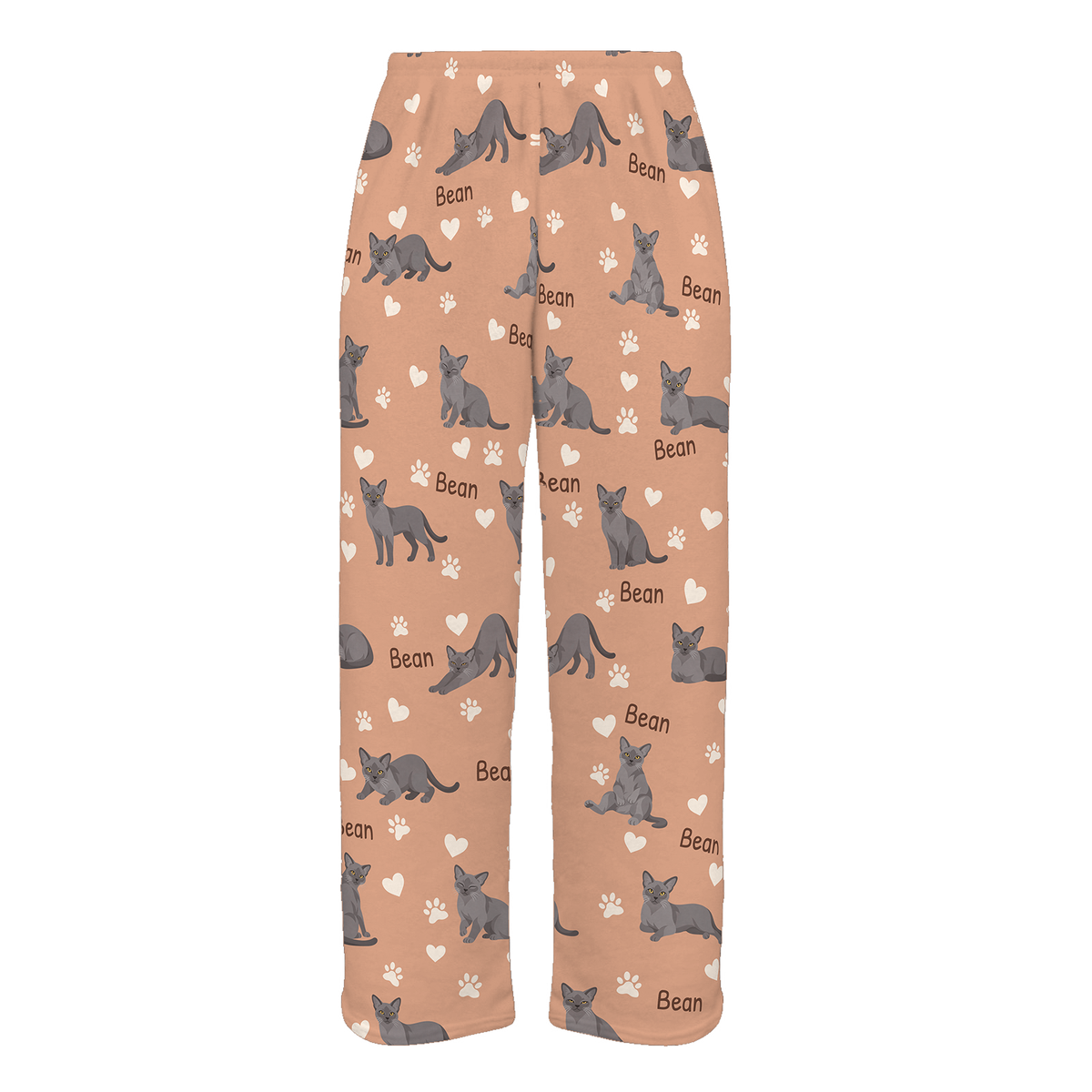 Personalized European Burmese Cat Pajama Pants, Custom Pet Name Fleece Trousers, Cat Lover Gift — Peach full-trouser mockup