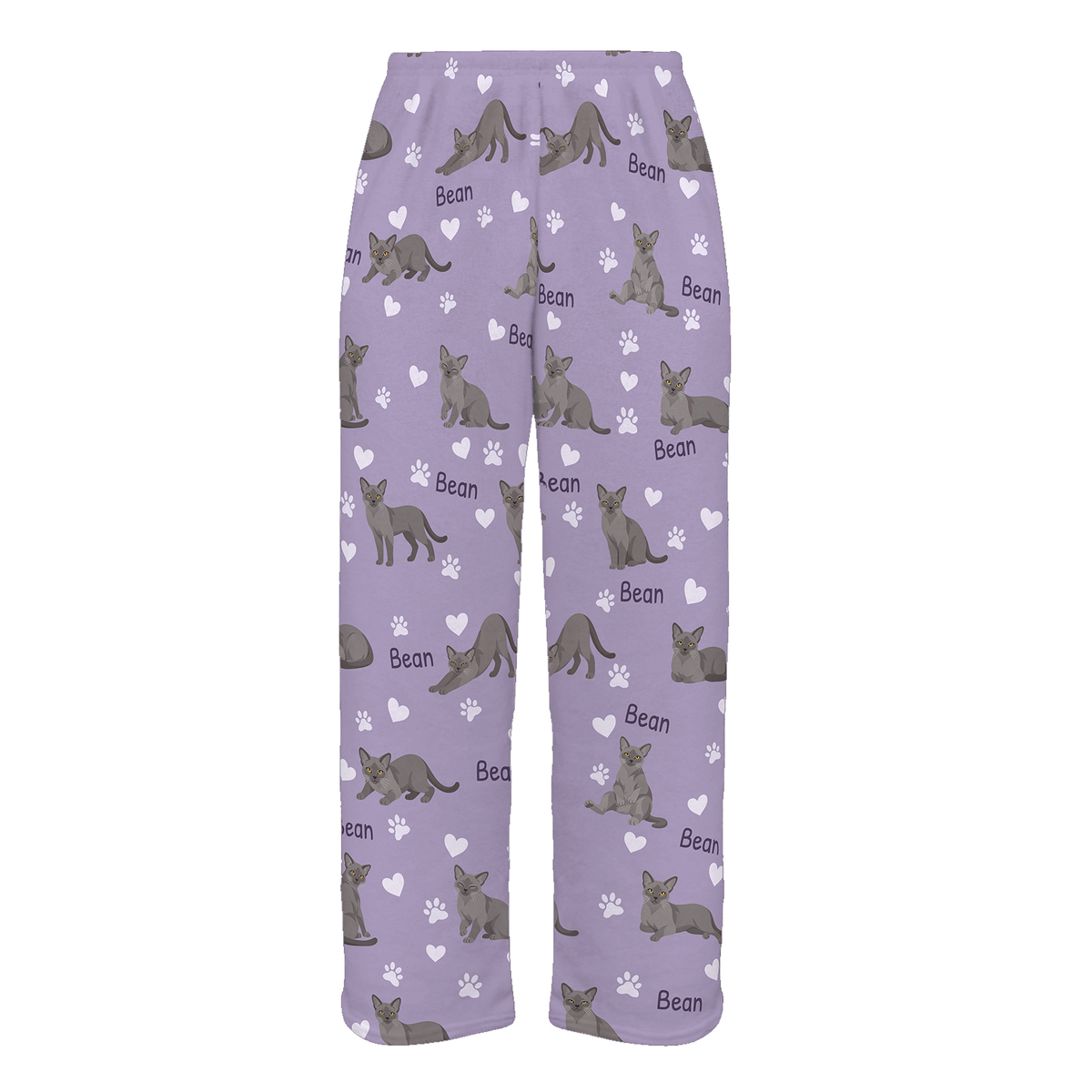 Personalized European Burmese Cat Pajama Pants, Custom Pet Name Fleece Trousers, Cat Lover Gift — Soft Lavender full-trouser mockup