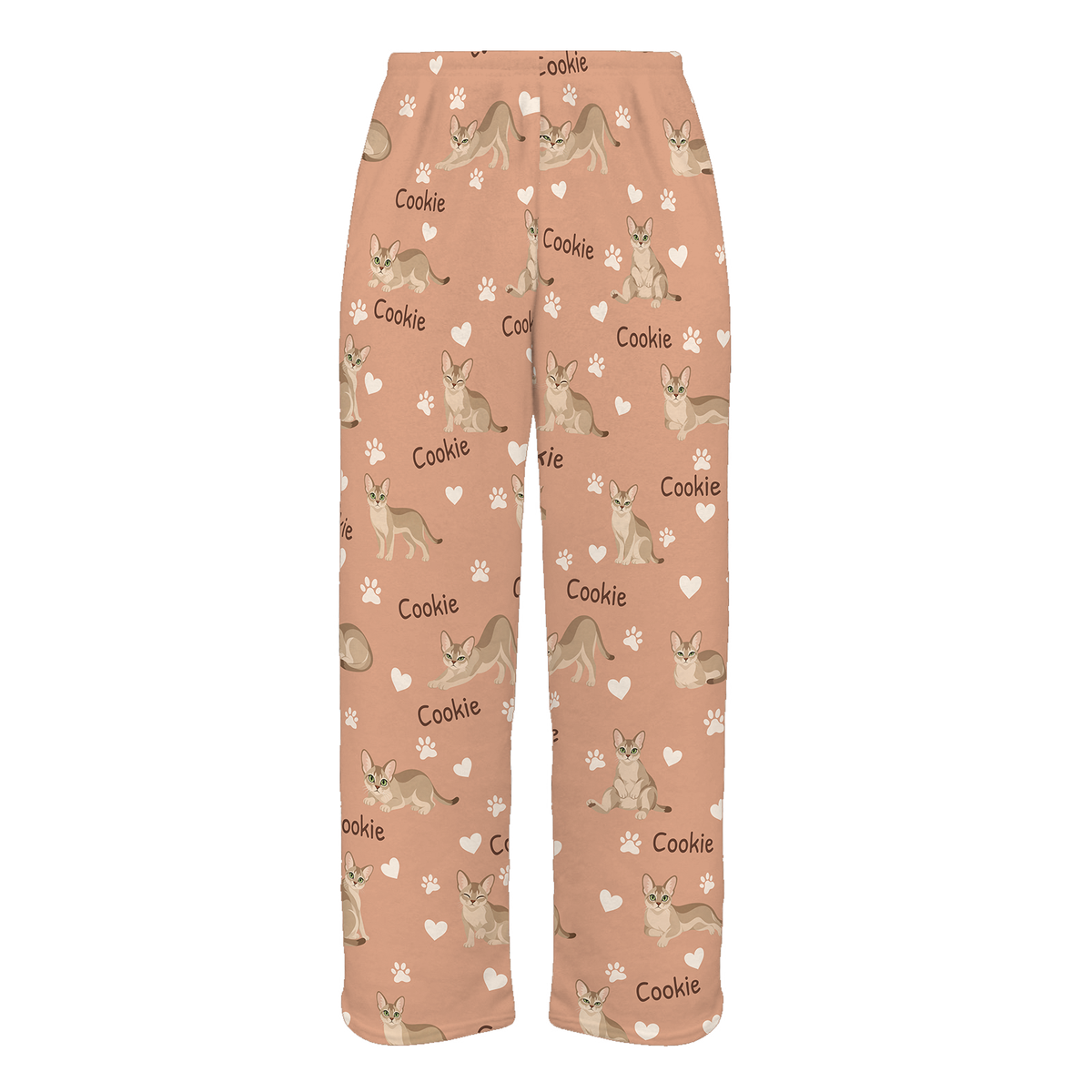 Personalized Singapura Cat Pajama Pants, Custom Pet Name Fleece Trousers, Cat Lover Gift — Peach full-trouser mockup