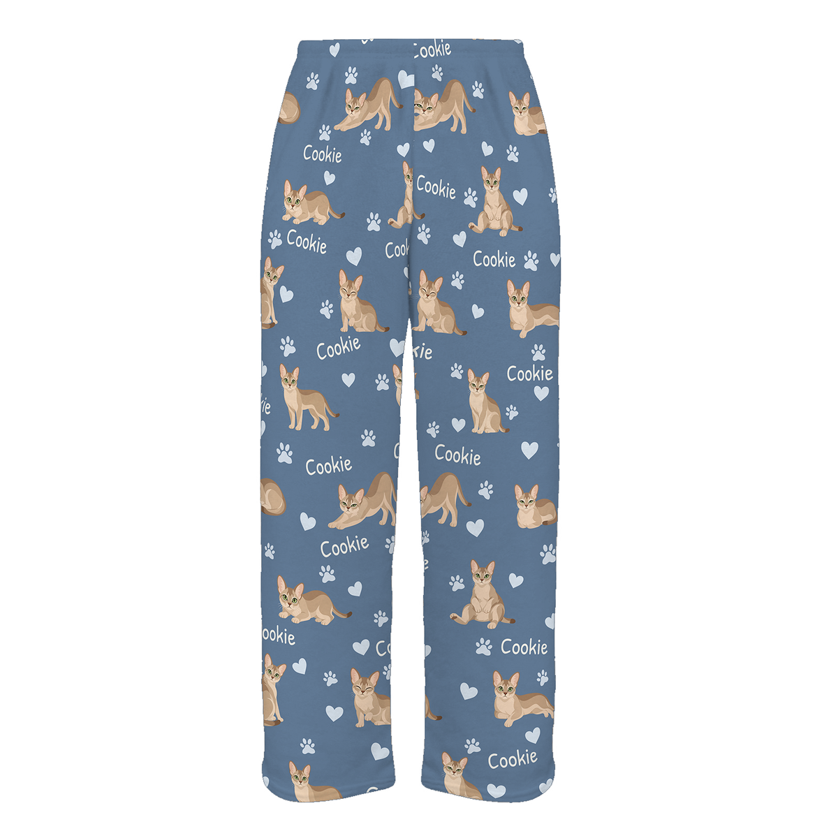Personalized Singapura Cat Pajama Pants, Custom Pet Name Fleece Trousers, Cat Lover Gift — Slate Blue full-trouser mockup