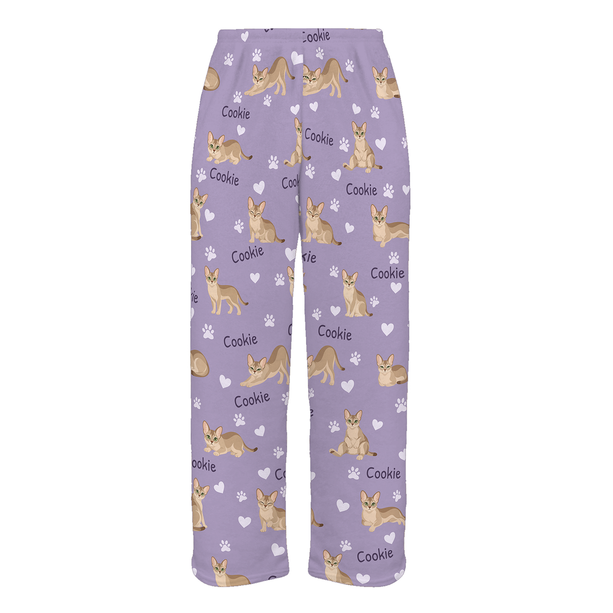Personalized Singapura Cat Pajama Pants, Custom Pet Name Fleece Trousers, Cat Lover Gift — Soft Lavender full-trouser mockup