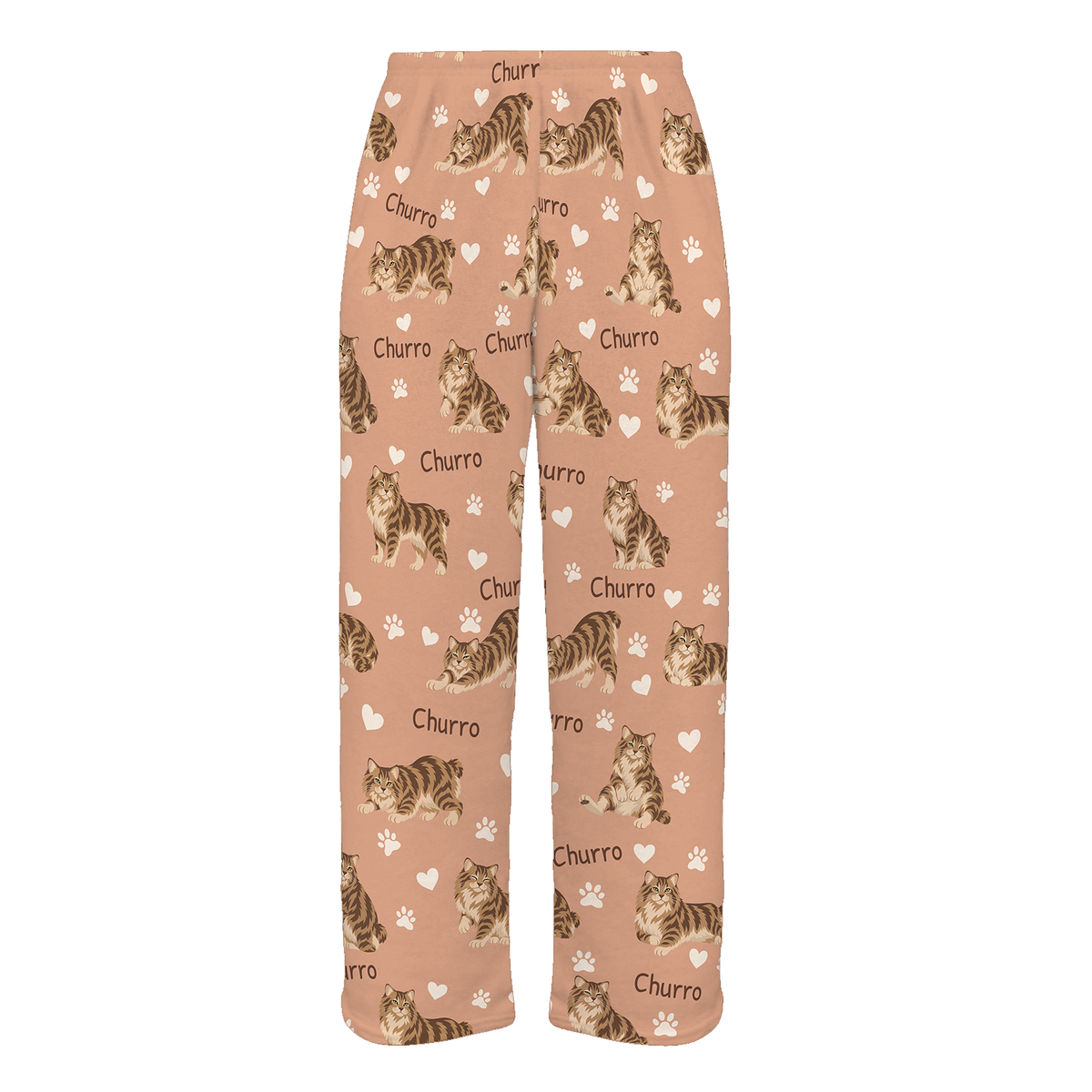 Personalized American Bobtail Cat Pajama Pants, Custom Pet Name Fleece Trousers, Cat Lover Gift — Peach full-trouser mockup