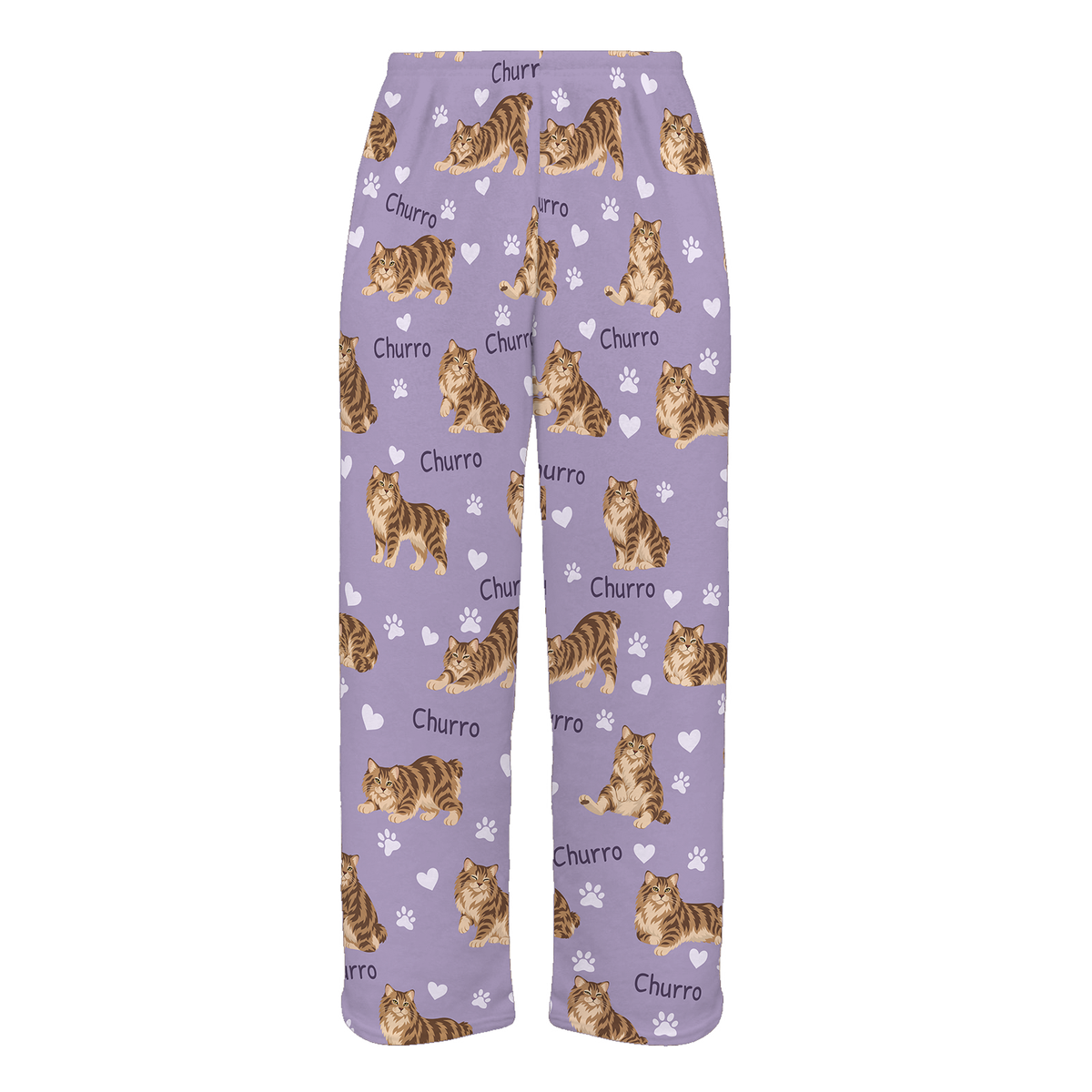Personalized American Bobtail Cat Pajama Pants, Custom Pet Name Fleece Trousers, Cat Lover Gift — Soft Lavender full-trouser mockup