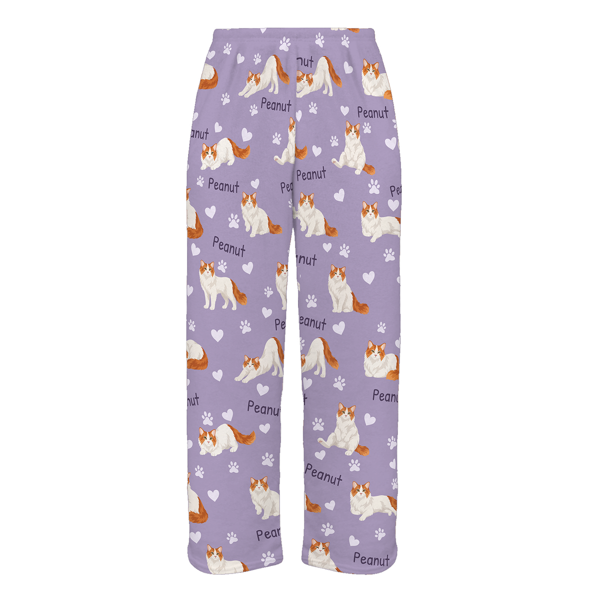 Personalized Turkish Van Cat Pajama Pants, Custom Pet Name Fleece Trousers, Cat Lover Gift — Soft Lavender full-trouser mockup