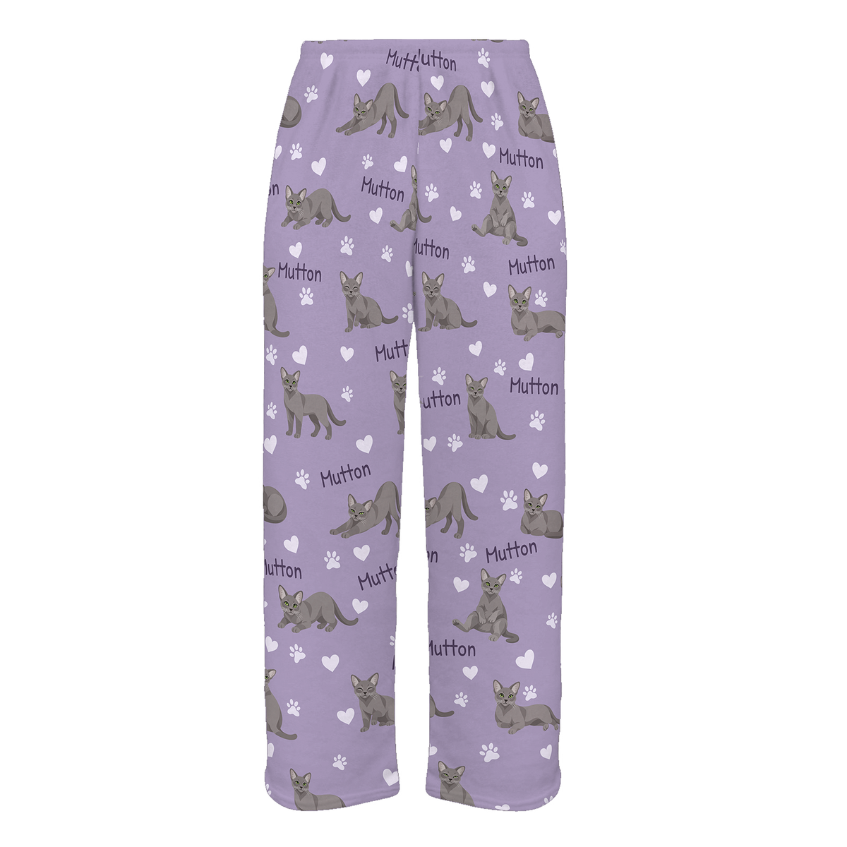 Personalized Korat Cat Pajama Pants, Custom Pet Name Fleece Trousers, Cat Lover Gift — Soft Lavender full-trouser mockup