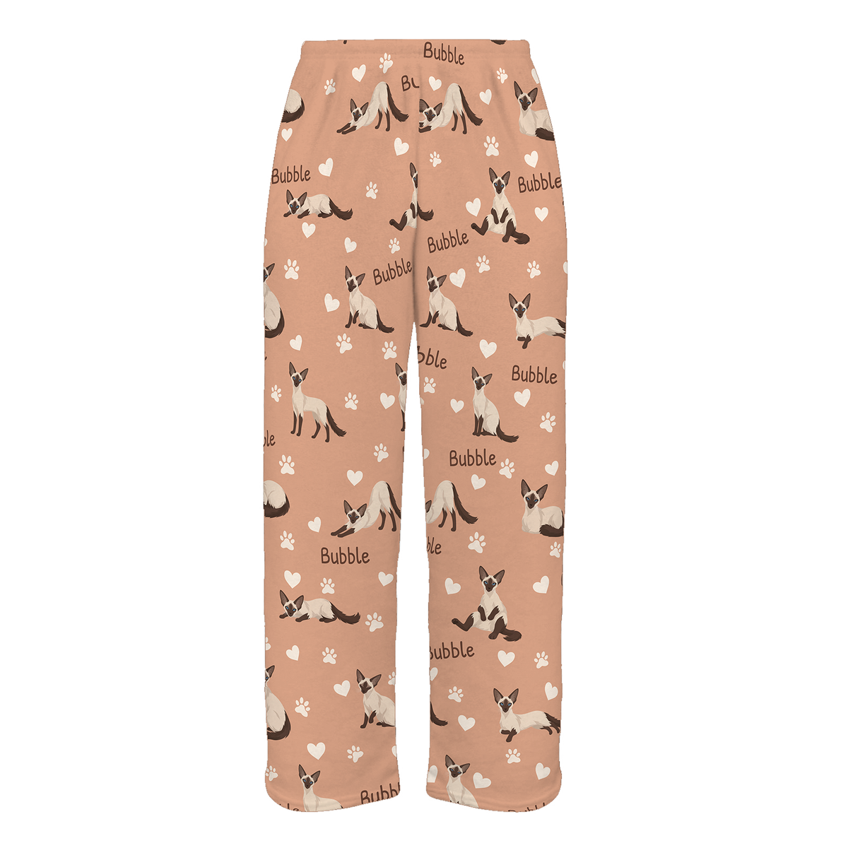Personalized Balinese Cat Pajama Pants, Custom Pet Name Fleece Trousers, Cat Lover Gift — Peach full-trouser mockup