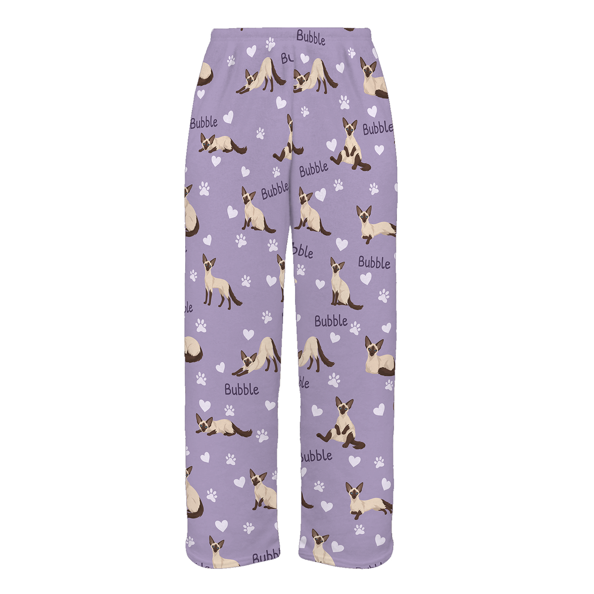 Personalized Balinese Cat Pajama Pants, Custom Pet Name Fleece Trousers, Cat Lover Gift — Soft Lavender full-trouser mockup
