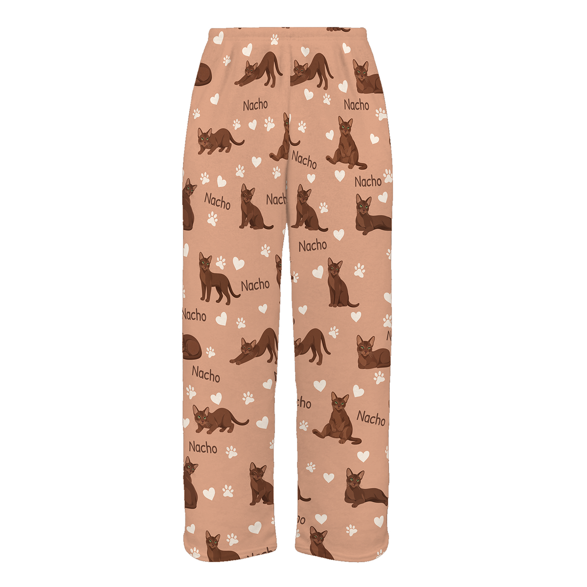 Personalized Havana Brown Cat Pajama Pants, Custom Pet Name Fleece Trousers, Cat Lover Gift — Peach full-trouser mockup