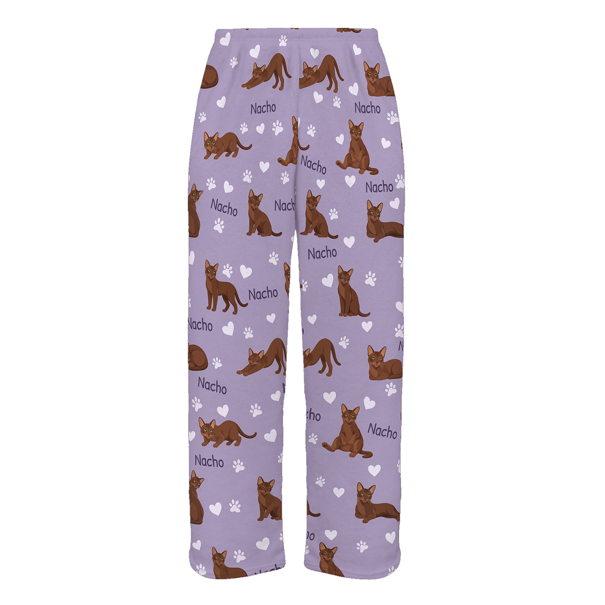 Personalized Havana Brown Cat Pajama Pants, Custom Pet Name Fleece Trousers, Cat Lover Gift — Soft Lavender full-trouser mockup