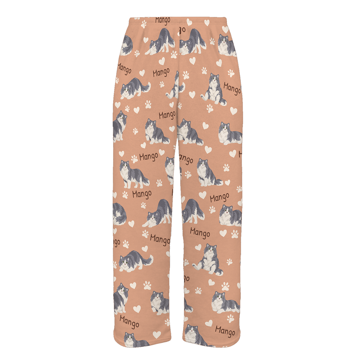 Personalized Ragamuffin Cat Pajama Pants, Custom Pet Name Fleece Trousers, Cat Lover Gift — Peach full-trouser mockup