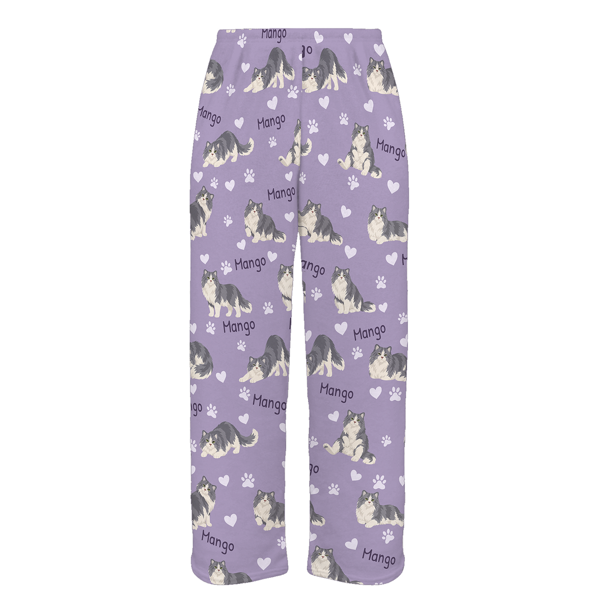 Personalized Ragamuffin Cat Pajama Pants, Custom Pet Name Fleece Trousers, Cat Lover Gift — Soft Lavender full-trouser mockup