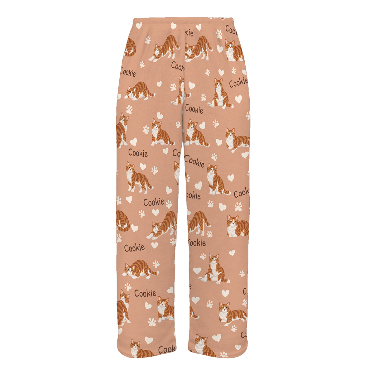 Personalized American Wirehair Cat Pajama Pants, Custom Pet Name Fleece Trousers, Cat Lover Gift — Peach full-trouser mockup