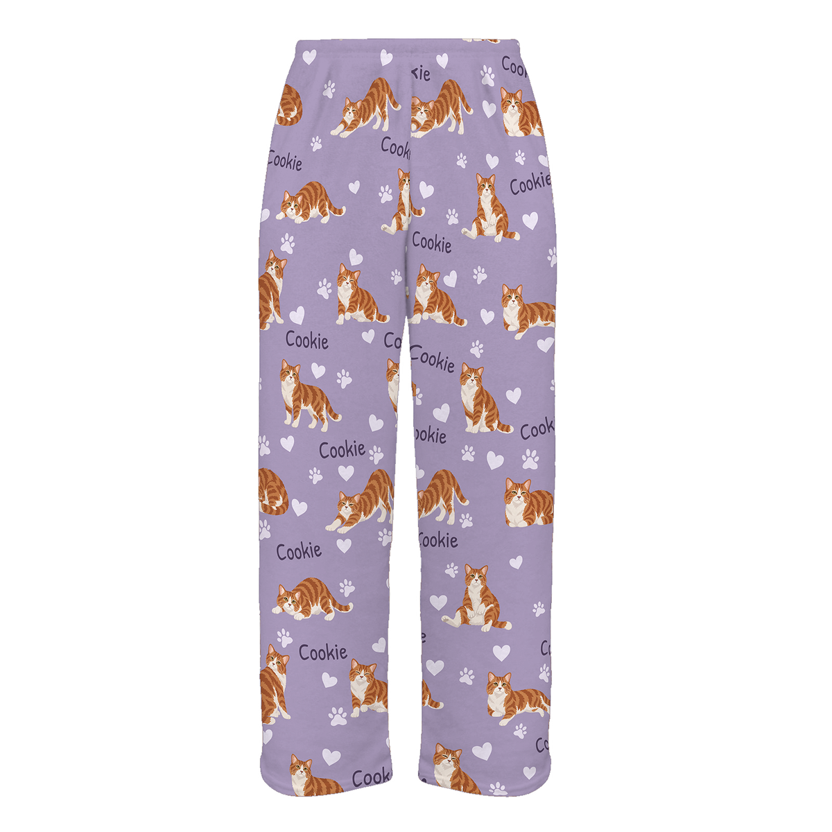 Personalized American Wirehair Cat Pajama Pants, Custom Pet Name Fleece Trousers, Cat Lover Gift — Soft Lavender full-trouser mockup