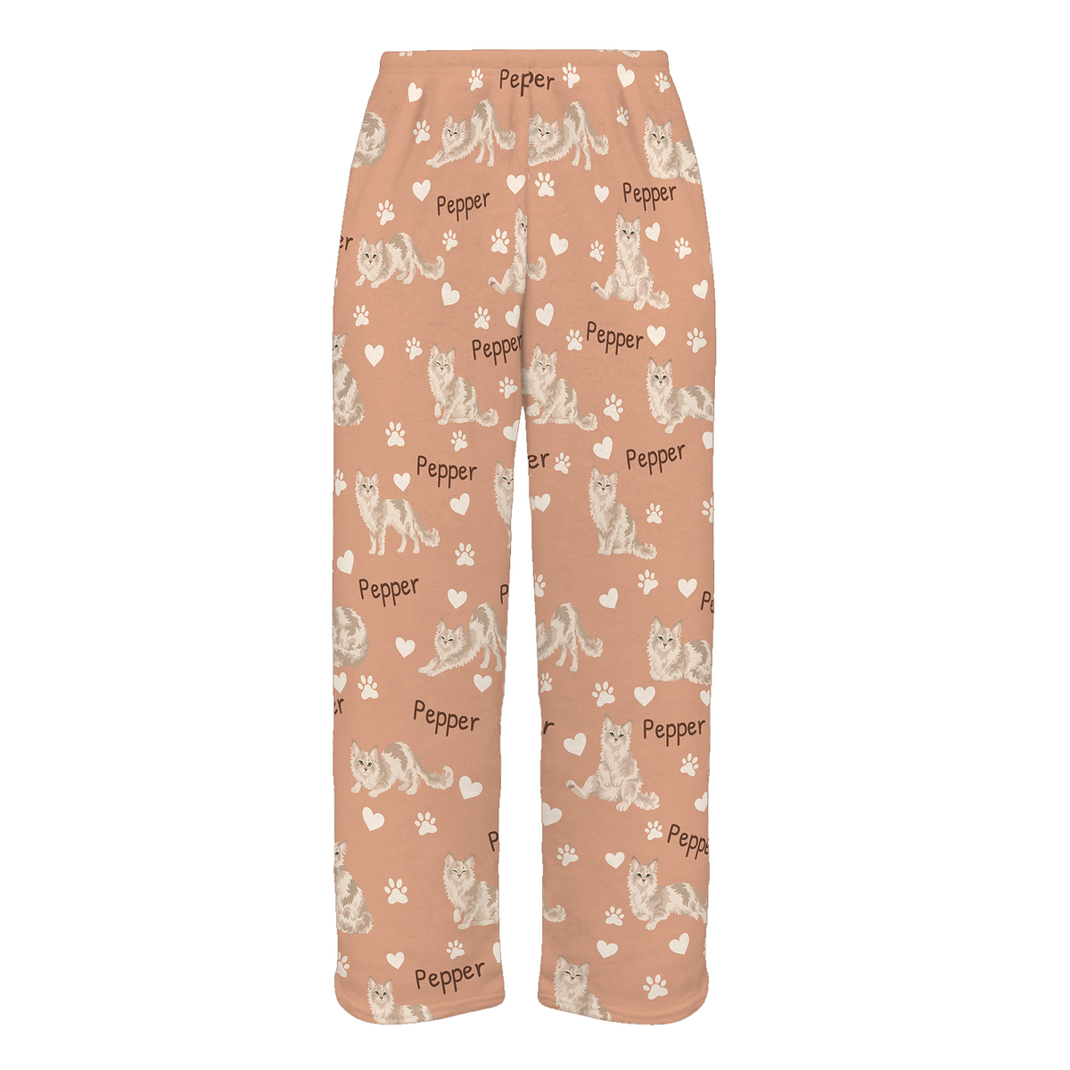 Personalized LaPerm Cat Pajama Pants, Custom Pet Name Fleece Trousers, Cat Lover Gift — Peach full-trouser mockup