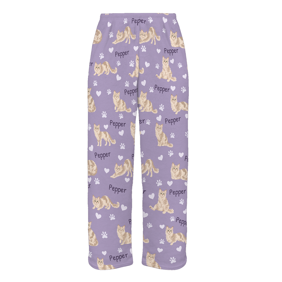 Personalized LaPerm Cat Pajama Pants, Custom Pet Name Fleece Trousers, Cat Lover Gift — Soft Lavender full-trouser mockup