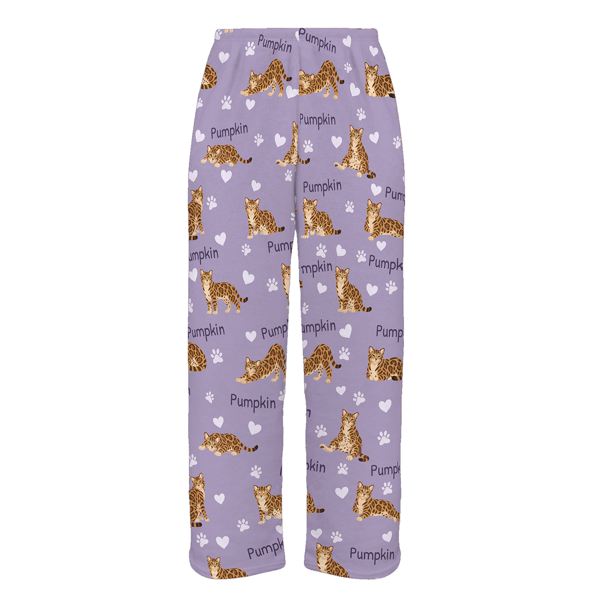 Personalized Bengal Cat Pajama Pants, Custom Pet Name Fleece Trousers, Cat Lover Gift — Soft Lavender full-trouser mockup