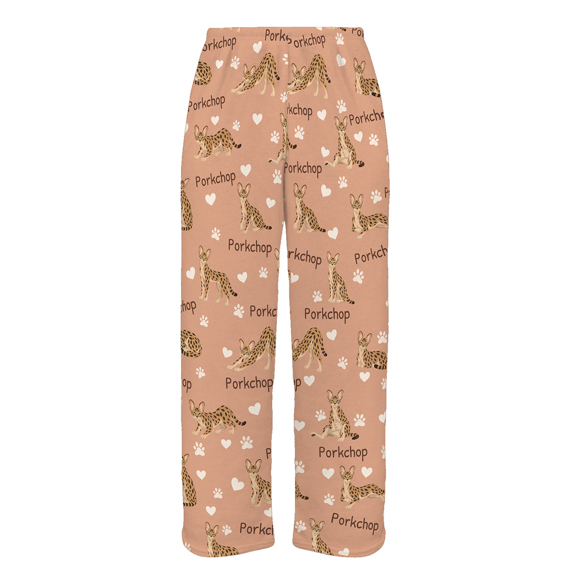 Personalized Savannah Cat Pajama Pants, Custom Pet Name Fleece Trousers, Cat Lover Gift — Peach full-trouser mockup