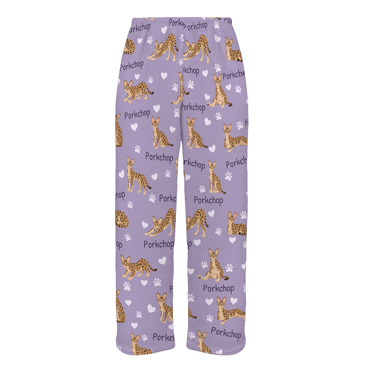 Personalized Savannah Cat Pajama Pants, Custom Pet Name Fleece Trousers, Cat Lover Gift — Soft Lavender full-trouser mockup